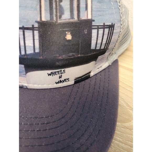 Wheels N Waves Trucker Hat Snapback Cap Lighthouse Surfing Motorcycles - Picture 2 of 6